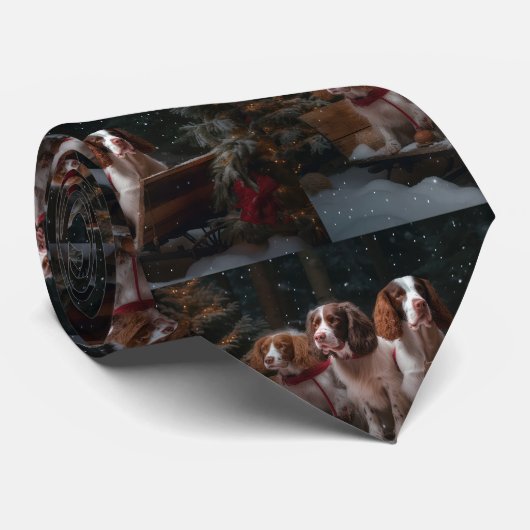 Brittany Spanel Snowy Sleigh Weihnachtsdekor Krawatte (Gerollt)