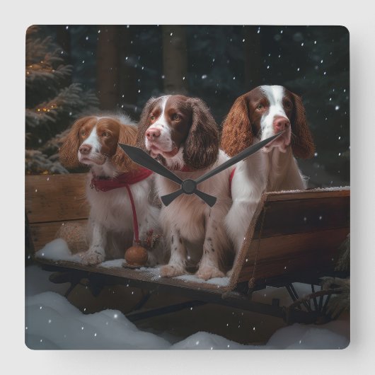 Brittany Spanel Snowy Sleigh Weihnachtsdekor Quadratische Wanduhr (Vorderseite)