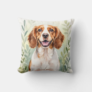 Brittany Spaniel Aquarell-Blattmuster-Kunst Kissen
