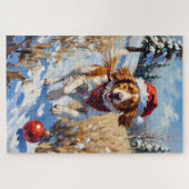 Brittany Spaniel Chasing Christmas Ornament Hat Puzzle (Horizontal)