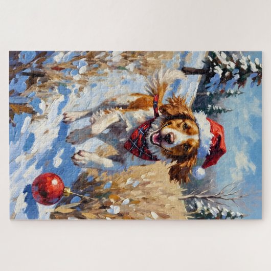 Brittany Spaniel Chasing Christmas Ornament Hat Puzzle (Horizontal)