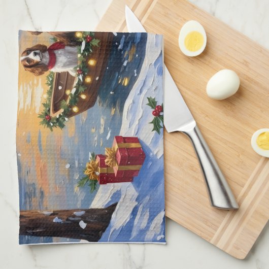 Brittany Spaniel Christmas Boat Holiday Geschirrtuch (Viertel Falte)