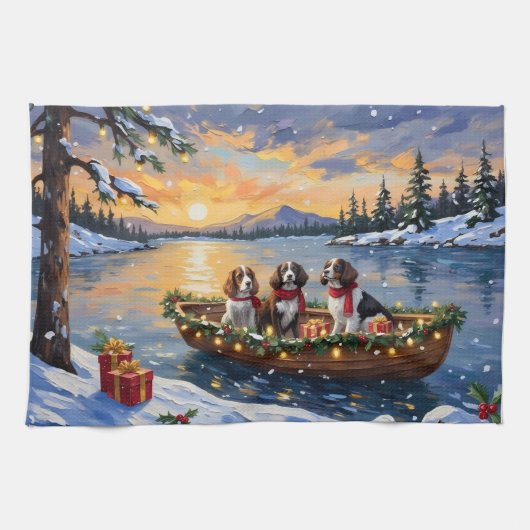 Brittany Spaniel Christmas Boat Holiday Geschirrtuch (Horizontal)