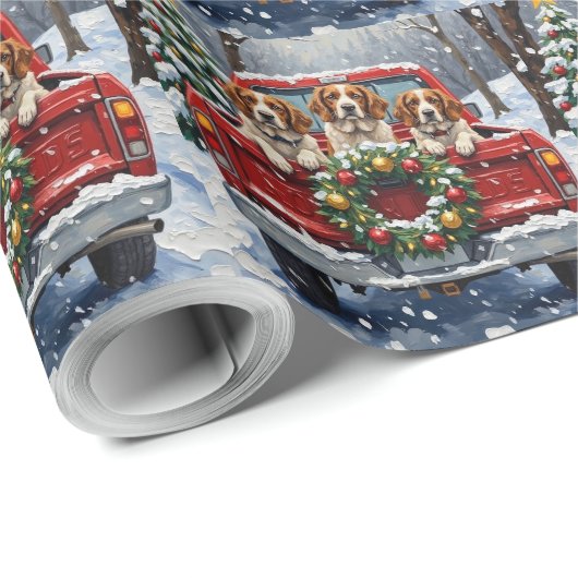 Brittany Spaniel Christmas Red Truck Holiday Geschenkpapier (Rolleneckpunkt)