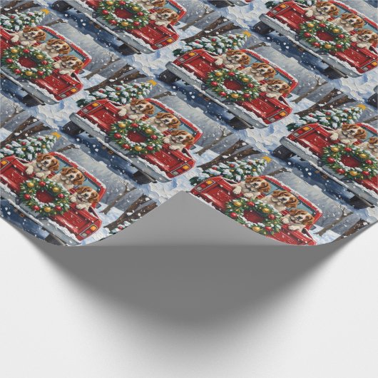 Brittany Spaniel Christmas Red Truck Holiday Geschenkpapier (Ecke)