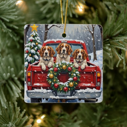 Brittany Spaniel Christmas Red Truck Holiday Keramikornament (Baum)