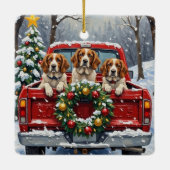 Brittany Spaniel Christmas Red Truck Holiday Keramikornament (Rückseite)