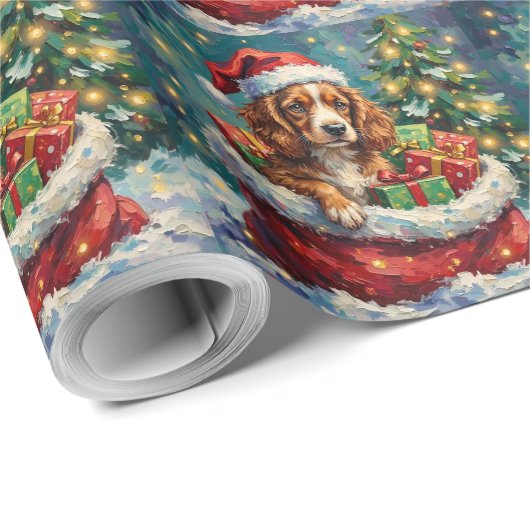 Brittany Spaniel Christmas Santa Bag Adventure Geschenkpapier (Rolleneckpunkt)