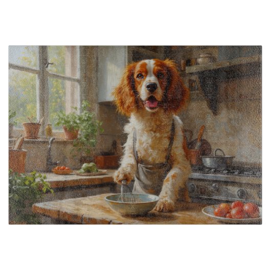 Brittany Spaniel Cooking in Kitchen Schneidebrett (Vorderseite)