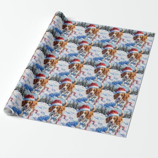 Brittany Spaniel Dog Pointing at Christmas Candy Geschenkpapier (Ungerollt)