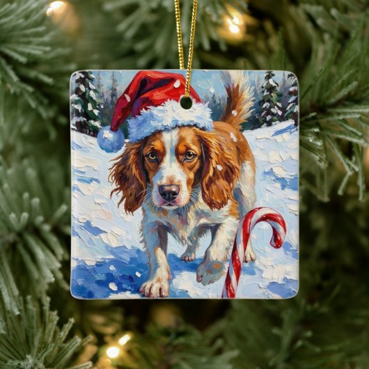 Brittany Spaniel Dog Pointing at Christmas Candy Keramikornament (Baum)