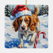 Brittany Spaniel Dog Pointing at Christmas Candy Keramikornament (Rückseite)
