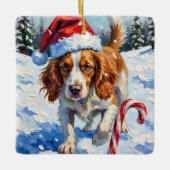 Brittany Spaniel Dog Pointing at Christmas Candy Keramikornament (Vorderseite)