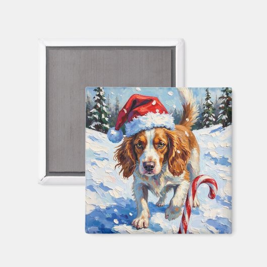 Brittany Spaniel Dog Pointing at Christmas Candy Magnet (Vorderseite/Rückseite)