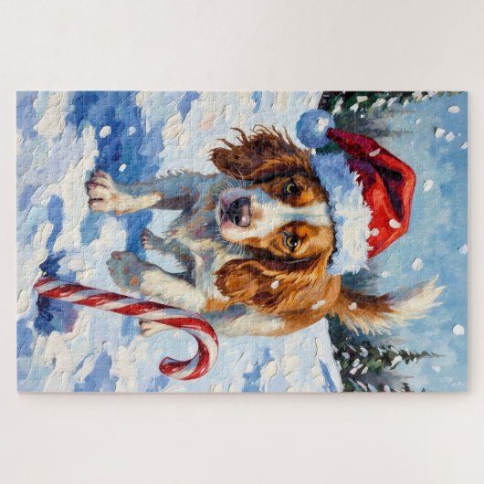 Brittany Spaniel Dog Pointing at Christmas Candy Puzzle (Horizontal)