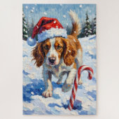 Brittany Spaniel Dog Pointing at Christmas Candy Puzzle (Vertikal)