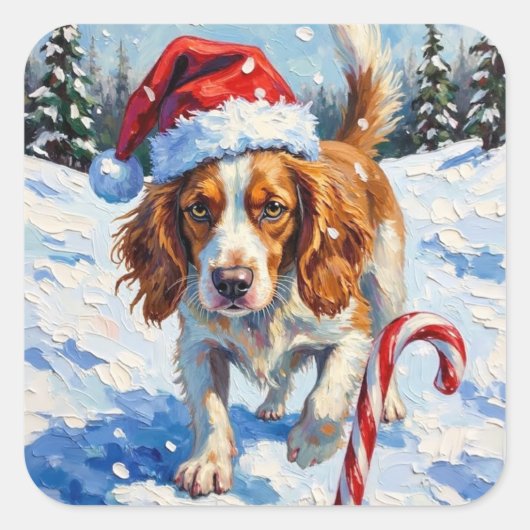 Brittany Spaniel Dog Pointing at Christmas Candy Quadratischer Aufkleber (Vorderseite)