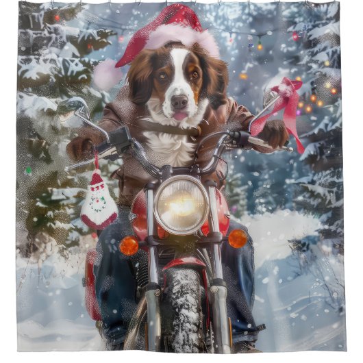 Brittany Spaniel Dog Riding Motorrad Weihnachten Duschvorhang (Vorderseite)