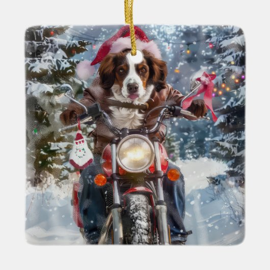 Brittany Spaniel Dog Riding Motorrad Weihnachten Keramikornament (Vorderseite)