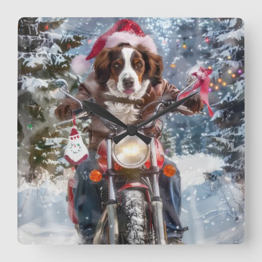 Brittany Spaniel Dog Riding Motorrad Weihnachten Quadratische Wanduhr (Vorderseite)