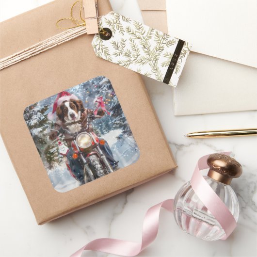 Brittany Spaniel Dog Riding Motorrad Weihnachten Quadratischer Aufkleber (Schenken)