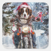 Brittany Spaniel Dog Riding Motorrad Weihnachten Quadratischer Aufkleber (Vorderseite)