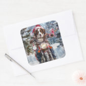 Brittany Spaniel Dog Riding Motorrad Weihnachten Quadratischer Aufkleber (Umschlag)