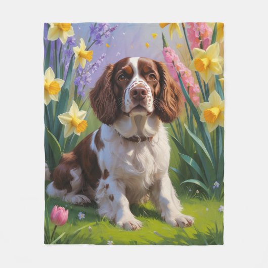 Brittany Spaniel Dog Spring Blumen Malerei Fleecedecke (Vorderseite)