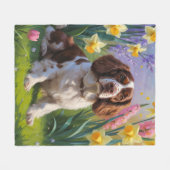 Brittany Spaniel Dog Spring Blumen Malerei Fleecedecke (Vorderseite (Horizontal))