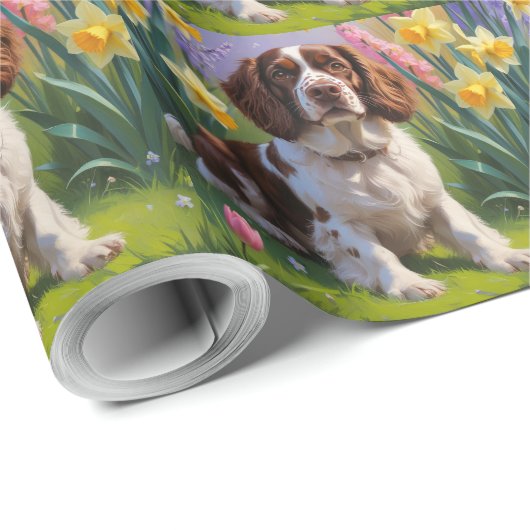 Brittany Spaniel Dog Spring Blumen Malerei Geschenkpapier (Rolleneckpunkt)
