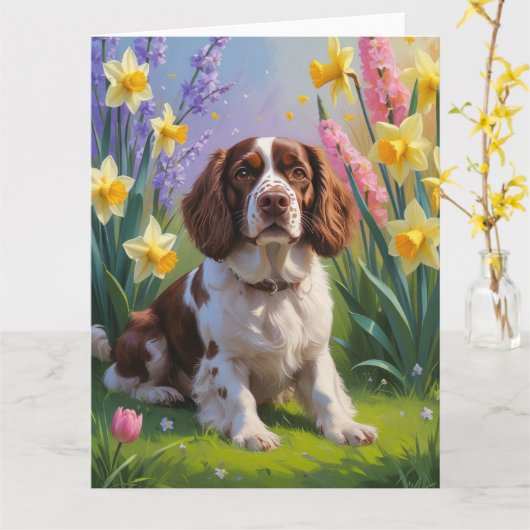 Brittany Spaniel Dog Spring Blumen Malerei Karte (Gelbe Blume)