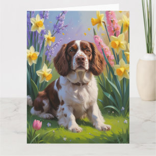 Brittany Spaniel Dog Spring Blumen Malerei Karte