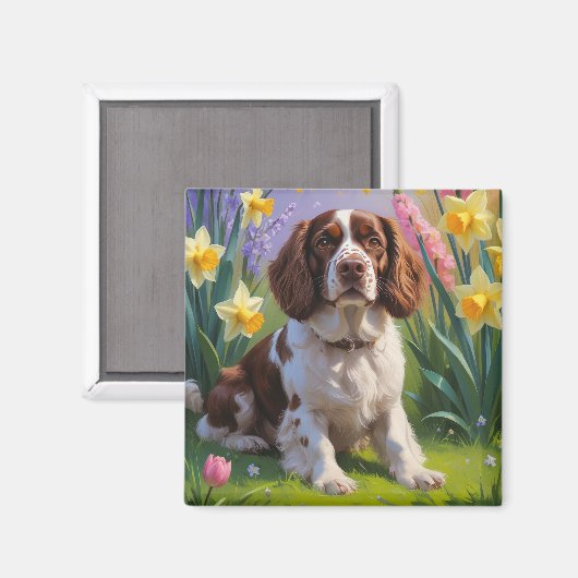 Brittany Spaniel Dog Spring Blumen Malerei Magnet (Vorderseite/Rückseite)