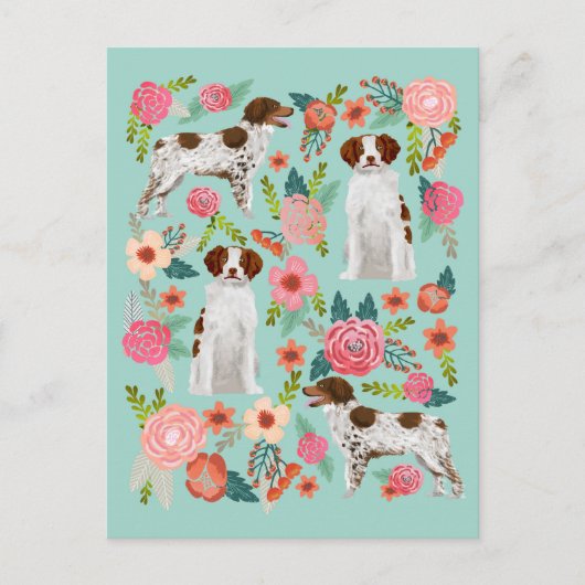 Brittany Spaniel Dog Vintag Florals Art Postkarte (Vorderseite)