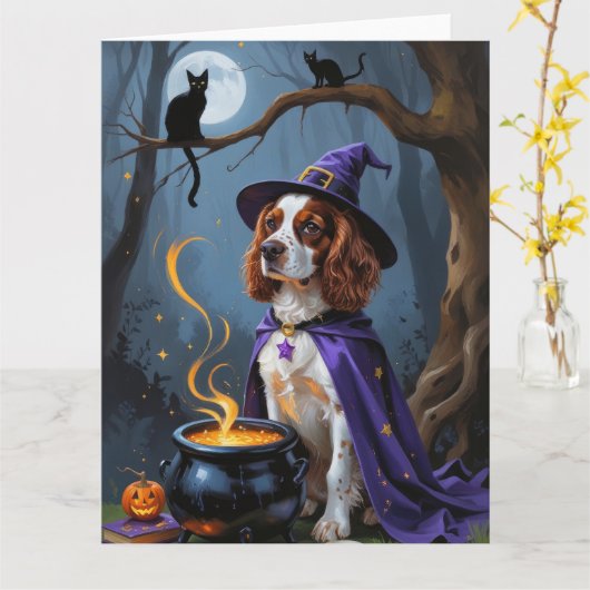 Brittany Spaniel Dog Whimsical Halloween Malerei Karte (Gelbe Blume)