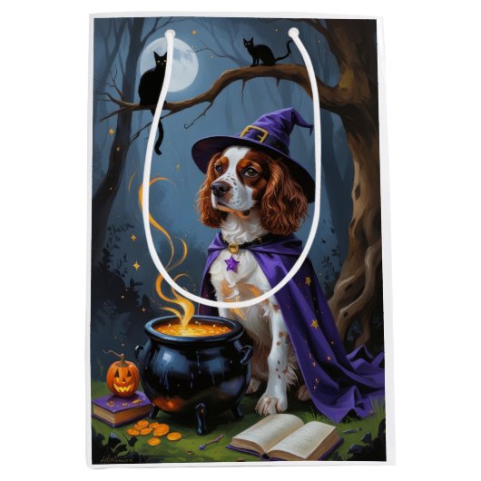 Brittany Spaniel Dog Whimsical Halloween Malerei Mittlere Geschenktüte (Vorderseite)