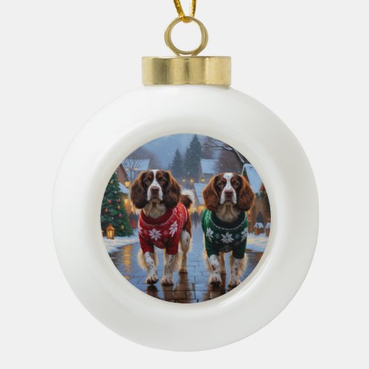 Brittany Spaniel Dogs Christmas Snow Holiday Keramik Kugel-Ornament (Vorderseite)