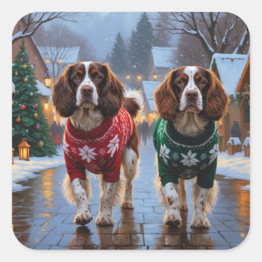 Brittany Spaniel Dogs Christmas Snow Holiday Quadratischer Aufkleber (Vorderseite)