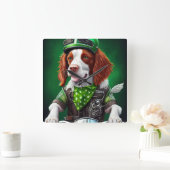 Brittany Spaniel Fahrrad St. Patrick's Day Quadratische Wanduhr (Zuhause)