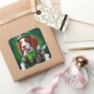 Brittany Spaniel Fahrrad St. Patrick's Day Quadratischer Aufkleber
