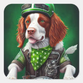 Brittany Spaniel Fahrrad St. Patrick's Day Quadratischer Aufkleber (Vorderseite)