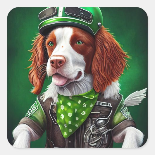 Brittany Spaniel Fahrrad St. Patrick's Day Quadratischer Aufkleber (Vorderseite)
