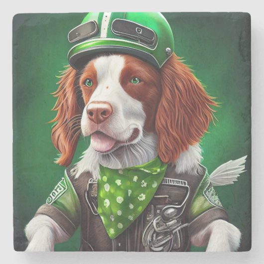 Brittany Spaniel Fahrrad St. Patrick's Day Steinuntersetzer (Vorderseite)