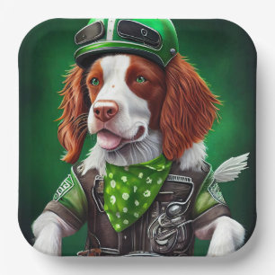 Brittany Spaniel fährt Fahrrad am St. Patrick's Da Pappteller
