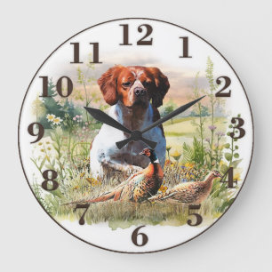 Brittany Spaniel – Feld, Fokus, Fasan, Kunst Große Wanduhr