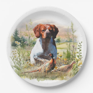 Brittany Spaniel – Feld, Fokus, Fasan, Kunst Pappteller