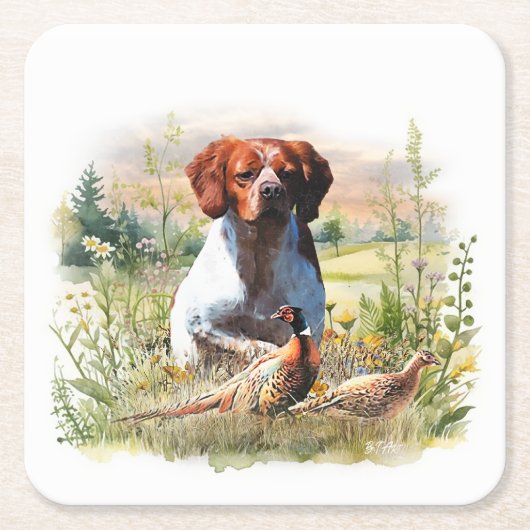 Brittany Spaniel – Feld, Fokus, Fasan, Kunst Rechteckiger Pappuntersetzer (Vorderseite)