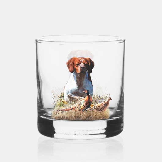 Brittany Spaniel – Feld, Fokus, Fasan, Kunst  Whiskyglas (Vorderseite)