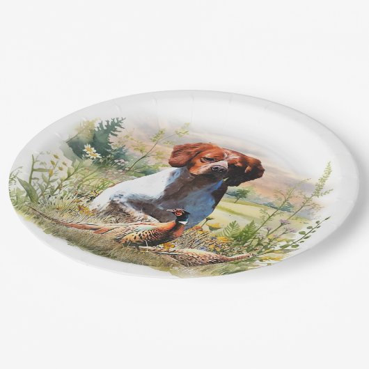 Brittany Spaniel – Field, Focus, Pheasant , Art  Pappteller (Schrägansicht)