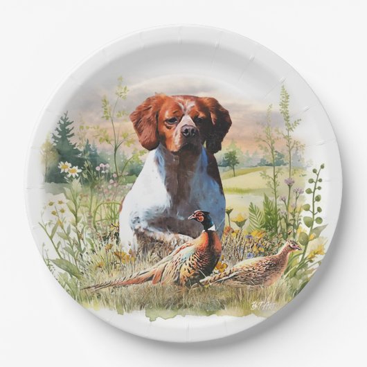 Brittany Spaniel – Field, Focus, Pheasant , Art  Pappteller (Vorderseite)